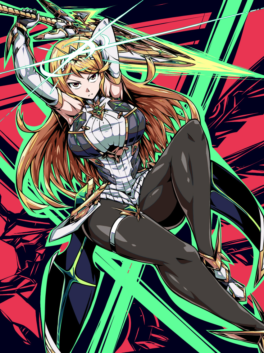 1girl bangs blonde_hair boots breasts dress gem glowing hair_ornament headpiece highres mythra_(xenoblade) holding holding_sword holding_weapon huge_breasts jewelry large_breasts long_hair looking_at_viewer pose solo spirit_(super_smash_bros.) staring super_smash_bros. suzusiigasuki swept_bangs sword thigh_strap tiara weapon white_dress xenoblade_(series) xenoblade_2