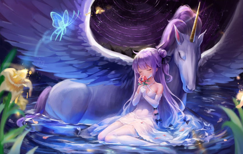 1girl animal azur_lane black_bow black_ribbon blush bow bug butterfly cannian_dada closed_eyes commentary_request criss-cross_halter dress elbow_gloves flower gloves hair_bun hair_ribbon halterneck highres holding holding_flower insect long_hair namesake night night_sky no_shoes one_side_up outdoors purple_hair red_flower ribbon shallow_water side_bun sitting sky solo star_(sky) starry_sky thigh-highs unicorn unicorn_(azur_lane) very_long_hair wariza water white_dress white_gloves white_legwear yellow_flower