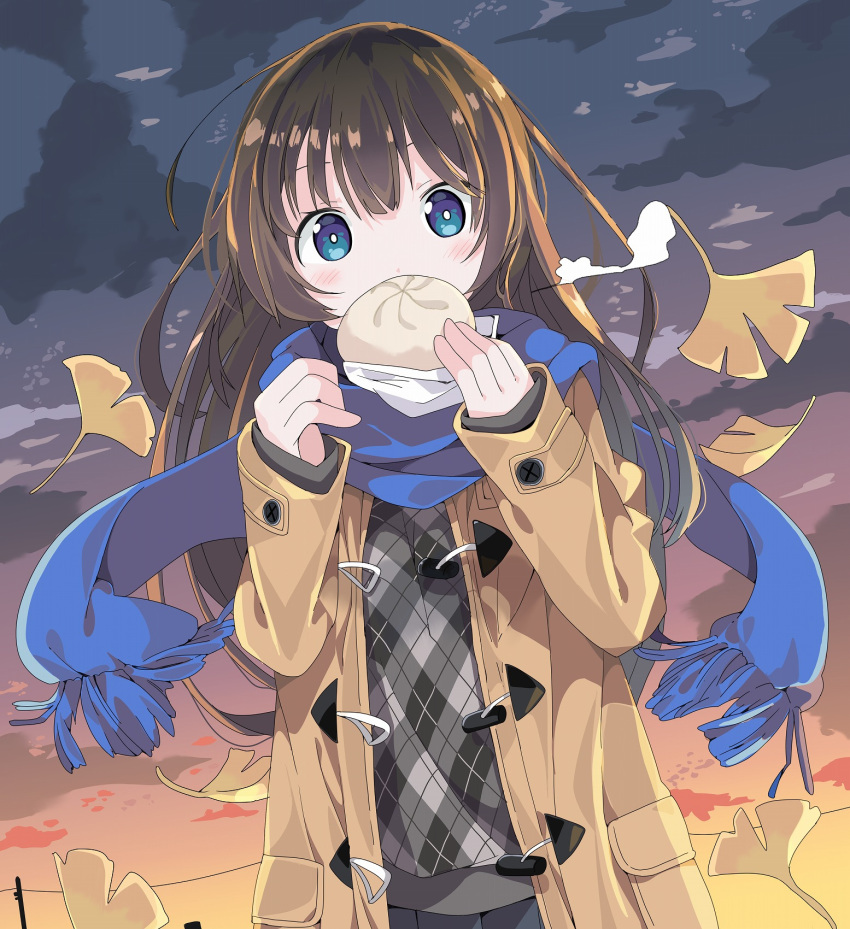 1girl bangs baozi black_skirt blue_eyes blue_scarf blush brown_coat brown_hair clouds cloudy_sky coat commentary_request covered_mouth duffel_coat eyebrows_visible_through_hair food fringe_trim ginkgo_leaf grey_sweater hair_between_eyes hands_up highres holding holding_food long_hair long_sleeves open_clothes open_coat original outdoors plaid plaid_sweater pleated_skirt scarf skirt sky sleeves_past_wrists solo sunset sweater tantan_men_(dragon) very_long_hair