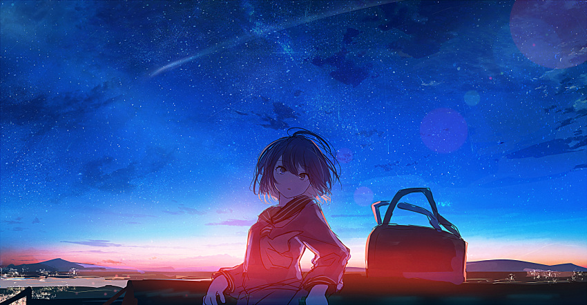 1girl absurdres ahoge bag bangs bob_cut highres huge_filesize long_sleeves mifuru neckerchief night night_sky original outdoors scenery school_bag school_uniform serafuku shooting_star short_hair sky solo star_(sky) starry_sky twilight upper_body