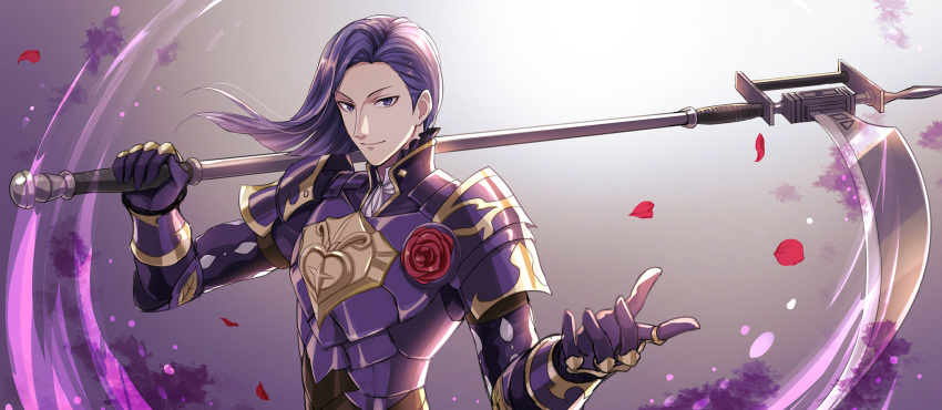 1boy armor asymmetrical_hair fire_emblem fire_emblem:_three_houses flower highres lorenz_hellman_gloucester male_focus over_shoulder petals purple_hair rose scythe smile violet_eyes weapon weapon_over_shoulder