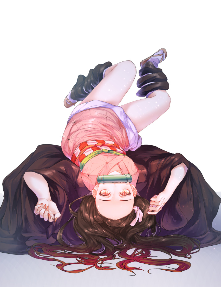 1girl absurdres bamboo bare_legs bit_gag black_hair black_haori full_body gag gradient gradient_background grey_background hair_ribbon haori highres japanese_clothes kamado_nezuko kimetsu_no_yaiba kimono long_hair long_sleeves looking_at_viewer lying mouth_hold multicolored_hair on_back oni open_clothes pink_eyes pink_kimono pink_nails pink_ribbon redhead ribbon ridam short_kimono simple_background solo two-tone_hair white_background wide_sleeves