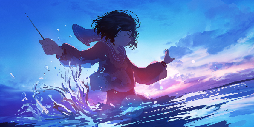 1girl absurdres black_hair bob_cut closed_eyes commentary_request dusk highres holding huge_filesize lens_flare long_sleeves mifuru original outstretched_arms pointer school_uniform serafuku short_hair skirt sky solo splashing spread_arms wading