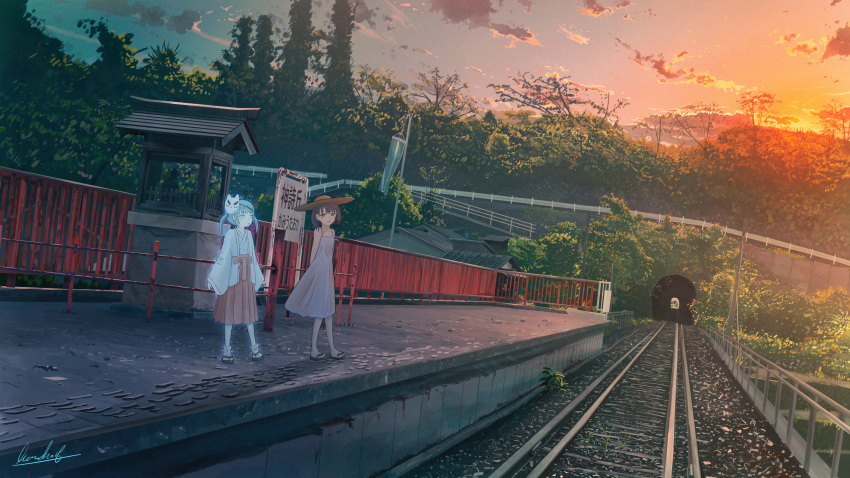 2girls absurdres arms_behind_back bangs banishment blunt_bangs brown_hair clouds commentary_request dress dutch_angle evening fox_mask ghost hat highres hill house huge_filesize japanese_clothes looking_at_another mask multiple_girls nature original outdoors railing railroad_tracks sandals sash scenery short_hair shrine sign signature sky socks statue sun_hat sundress sunset texture train_station tree tunnel two_side_up vanishing_point white_mask wide_sleeves