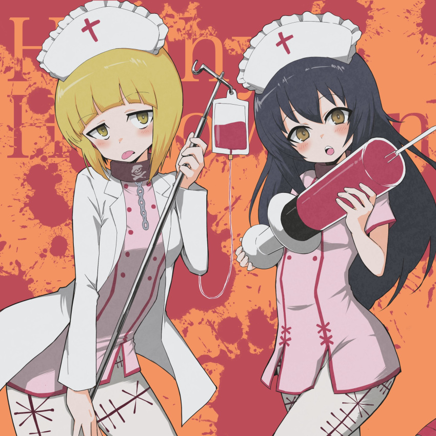 2girls :p alternate_headwear background_text bangs black_hair blonde_hair blood blood_bag blood_stain blunt_bangs blush brown_eyes chain collar commentary cowboy_shot cutlass_(girls_und_panzer) dress english_text eyebrows_visible_through_hair frilled_hat frills girls_und_panzer halloween_costume happy_halloween hat head_tilt highres holding holding_syringe intravenous_drip leaning_forward long_hair looking_at_viewer microdress multiple_girls nurse_cap open_mouth oversized_object pantyhose pink_dress print_legwear reizei_mako short_hair standing syringe tongue tongue_out white_headwear white_legwear yabai_gorilla yellow_eyes