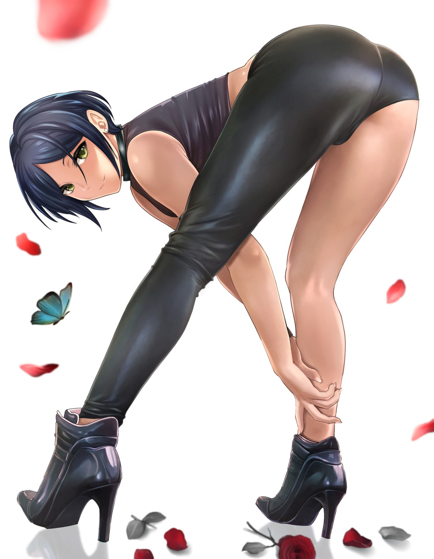 1girl ass asymmetrical_clothes bare_legs bare_shoulders bent_over black_footwear black_shirt blue_hair bug butterfly closed_mouth flower from_behind full_body green_eyes hayami_kanade high_heels highres idolmaster idolmaster_cinderella_girls insect legs looking_at_viewer looking_back petals red_flower red_rose rose rose_petals shirt short_hair simple_background single_pantsleg sleeveless sleeveless_shirt smile solo solo07450075 standing white_background