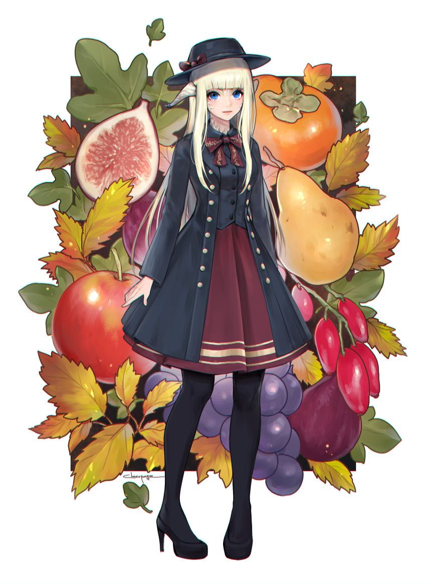 1girl absurdres apple arms_at_sides artist_name au_ra black_footwear black_headwear blonde_hair blue_eyes bow clearpage final_fantasy final_fantasy_xiv food fruit full_body grapes hat hat_bow high_heels highres long_sleeves looking_at_viewer pantyhose red_bow signature solo