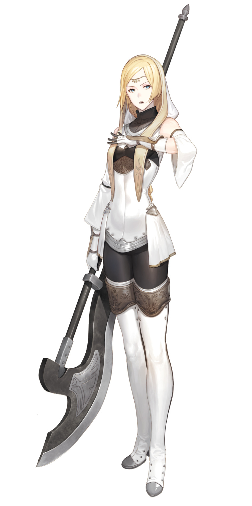 1girl absurdres arm_across_chest axe bare_shoulders blonde_hair blue_eyes boots circlet commentary_request detached_sleeves full_body gloves highres holding holding_weapon keemu_(occhoko-cho) looking_to_the_side open_mouth original pantyhose serious solo thigh-highs thigh_boots vambraces weapon white_background