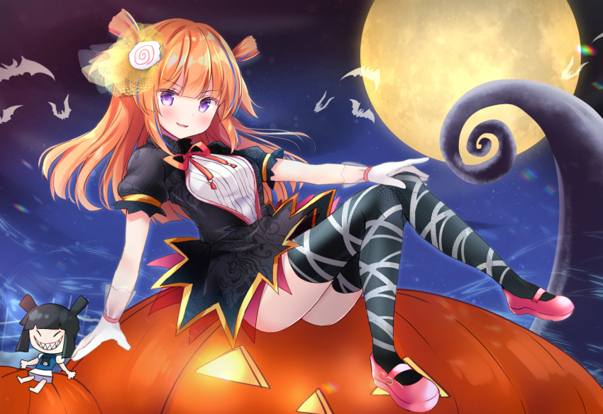 1girl animal bat black_dress black_legwear blue_hair blush breasts commentary_request copyright_request dress full_body full_moon gloves hair_ornament halloween jack-o'-lantern long_hair looking_at_viewer masayo_(gin_no_ame) moon multicolored_hair night night_sky orange_hair pink_footwear puffy_short_sleeves puffy_sleeves revision see-through shoes short_sleeves sitting sky small_breasts smile solo streaked_hair thigh-highs two_side_up v-shaped_eyebrows violet_eyes virtual_youtuber white_gloves