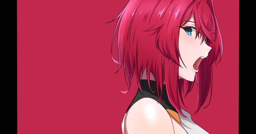 1girl absurdres ameneshi bangs bare_shoulders blue_eyes character_request commentary_request from_side hair_between_eyes highres looking_to_the_side open_mouth original red_background redhead shirt short_hair sleeveless sleeveless_shirt virtual_youtuber