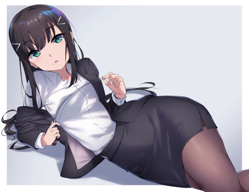 1girl :o bangs black_jacket black_legwear black_skirt collared_shirt formal green_eyes grey_background hair_ornament hairclip highres jacket kurosawa_dia long_hair long_sleeves looking_at_viewer love_live! love_live!_sunshine!! lying mole mole_under_mouth on_side pantyhose pencil_skirt pointer reclining shirt skirt skirt_suit solo suit teacher white_shirt yamaori_(yamaorimon)