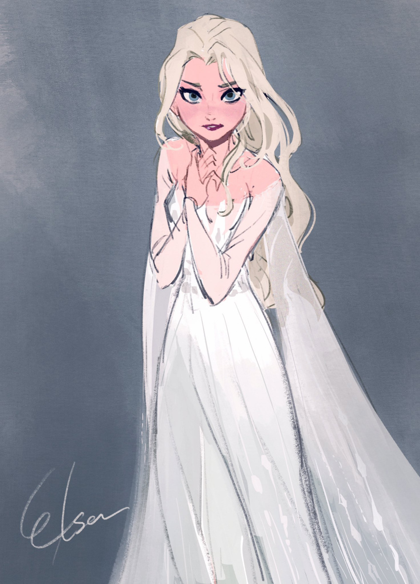 1girl blue_eyes blush breasts character_name collarbone curly_hair dress elsa_(frozen) feet_out_of_frame frozen_(disney) frozen_ii_(disney) gori_matsu grey_background hands_on_own_chest highres lipstick long_dress long_hair long_sleeves makeup off_shoulder own_hands_together parted_lips purple_lipstick silver_hair simple_background small_breasts solo standing white_dress