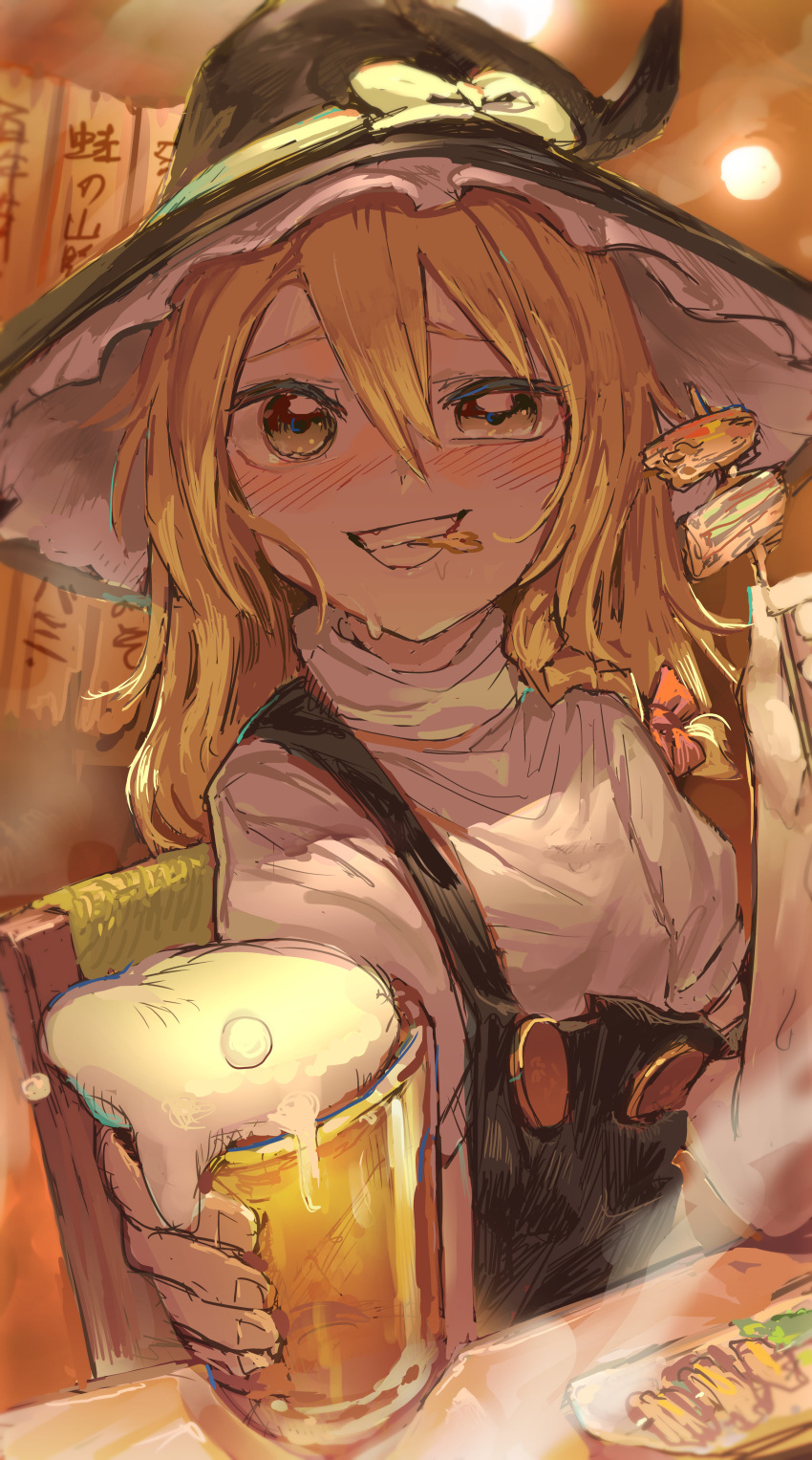 1girl absurdres alcohol beer beer_mug blonde_hair blush bow braid commentary_request drink eating food furrowed_eyebrows grin hair_between_eyes hakonnbo half-closed_eye hat hat_bow highres kirisame_marisa long_hair looking_at_viewer mouth_hold nose_blush shirt short_sleeves side_braid single_braid sketch smile solo steam touhou upper_body white_bow witch_hat yellow_eyes