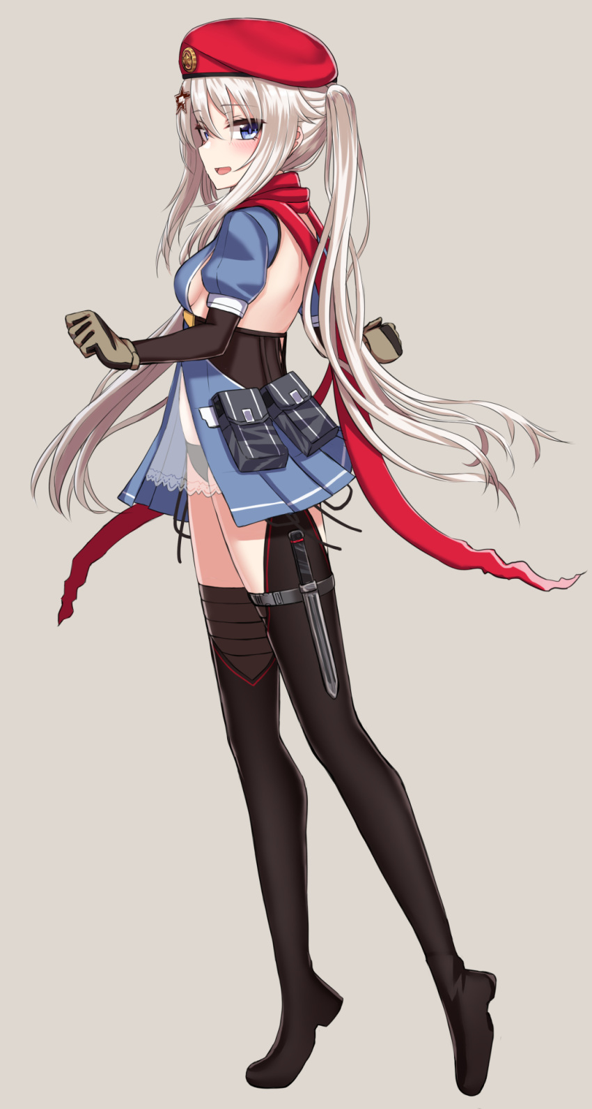1girl 9a-91_(girls_frontline) alternate_hairstyle arm_warmers back beret black_footwear black_panties blue_dress blue_eyes boots breasts brown_gloves commentary detached_sleeves dress full_body girls_frontline gloves grey_background hair_ornament hat highres long_hair looking_at_viewer looking_to_the_side open_mouth panties pouch rabochicken red_headwear scarf see-through short_sleeves side-tie_panties sidelocks silver_hair simple_background small_breasts smile solo standing star star_hair_ornament thigh-highs thigh_boots twintails underwear very_long_hair