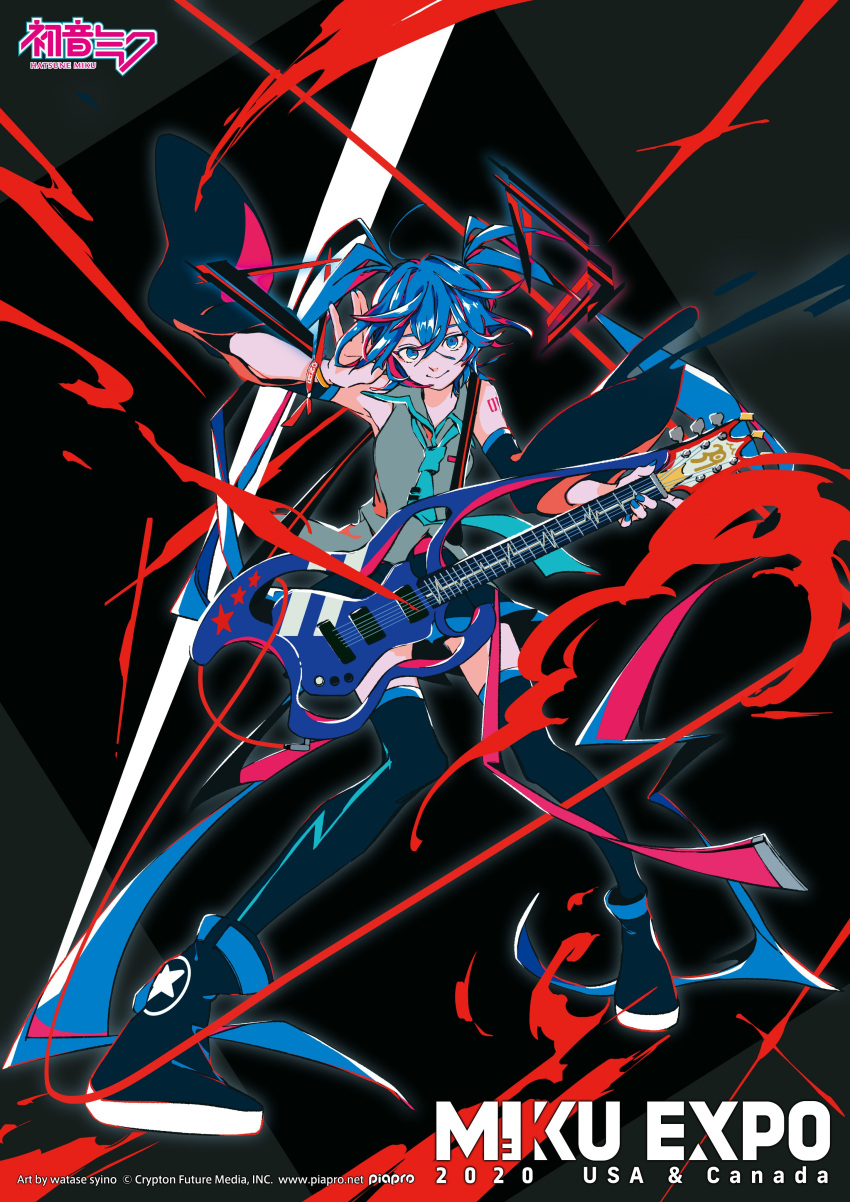 1girl 2020 absurdres aqua_neckwear bare_shoulders black_background black_legwear black_skirt black_sleeves blue_eyes blue_hair blue_nails boots character_name commentary crypton_future_media detached_sleeves electric_guitar english_commentary full_body grey_shirt guitar hand_on_ear hatsune_miku hatsune_miku_expo highres holding holding_instrument instrument knees_together_feet_apart long_hair looking_at_viewer nail_polish necktie non7 official_art piapro shirt shoulder_tattoo skirt sleeveless sleeveless_shirt smile solo standing star star_print tattoo thigh-highs thigh_boots twintails very_long_hair vocaloid zettai_ryouiki