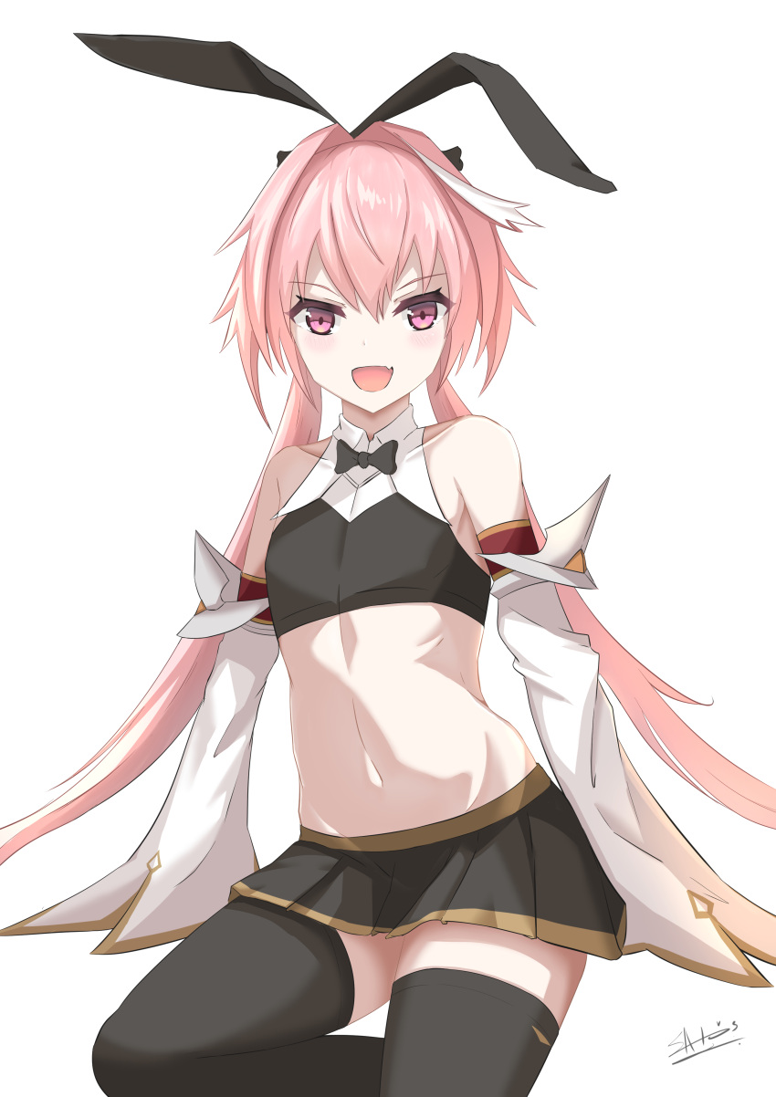 1boy absurdres astolfo_(fate) astolfo_(saber)_(fate) bangs bare_shoulders black_bow black_legwear black_ribbon black_skirt blush bow bowtie collarbone commentary_request fang fate/grand_order fate_(series) hair_bow hair_intakes hair_ribbon highres ichikawayan long_hair long_sleeves looking_at_viewer multicolored_hair otoko_no_ko pink_hair ribbon simple_background skirt sleeves_past_fingers sleeves_past_wrists smile solo streaked_hair thigh-highs twintails violet_eyes white_background white_hair