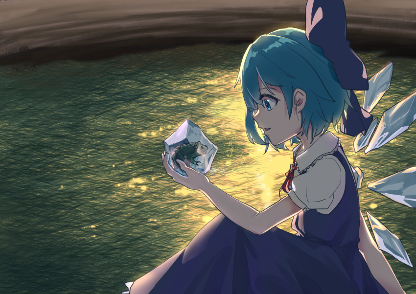 1girl :d absurdres bangs blue_bow blue_dress blue_eyes blue_hair bow chinese_commentary cirno commentary_request dress eyebrows_visible_through_hair feet_out_of_frame frog from_side frozen frozen_frog gaanzi hair_bow highres holding ice ice_wings neck_ribbon open_mouth pinafore_dress profile puffy_short_sleeves puffy_sleeves red_neckwear red_ribbon ribbon shirt short_hair short_sleeves sitting smile solo touhou white_shirt wings