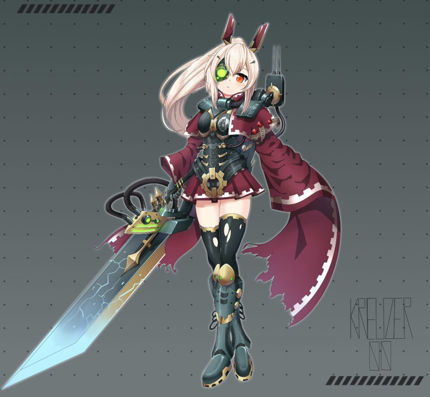 1girl adeptus_mechanicus armored_boots artist_name ayanami_(azur_lane) azur_lane bangs boots breastplate closed_mouth commentary commission corset crossed_legs crossover english_commentary expressionless full_body gauntlets hair_between_eyes head_tilt headgear highres kreuzer_00 long_hair long_ponytail looking_at_viewer mechanical_eye miniskirt platinum_blonde_hair pleated_skirt ponytail red_eyes red_skirt rigging robe sidelocks signature skirt solo standing sword warhammer_40k weapon