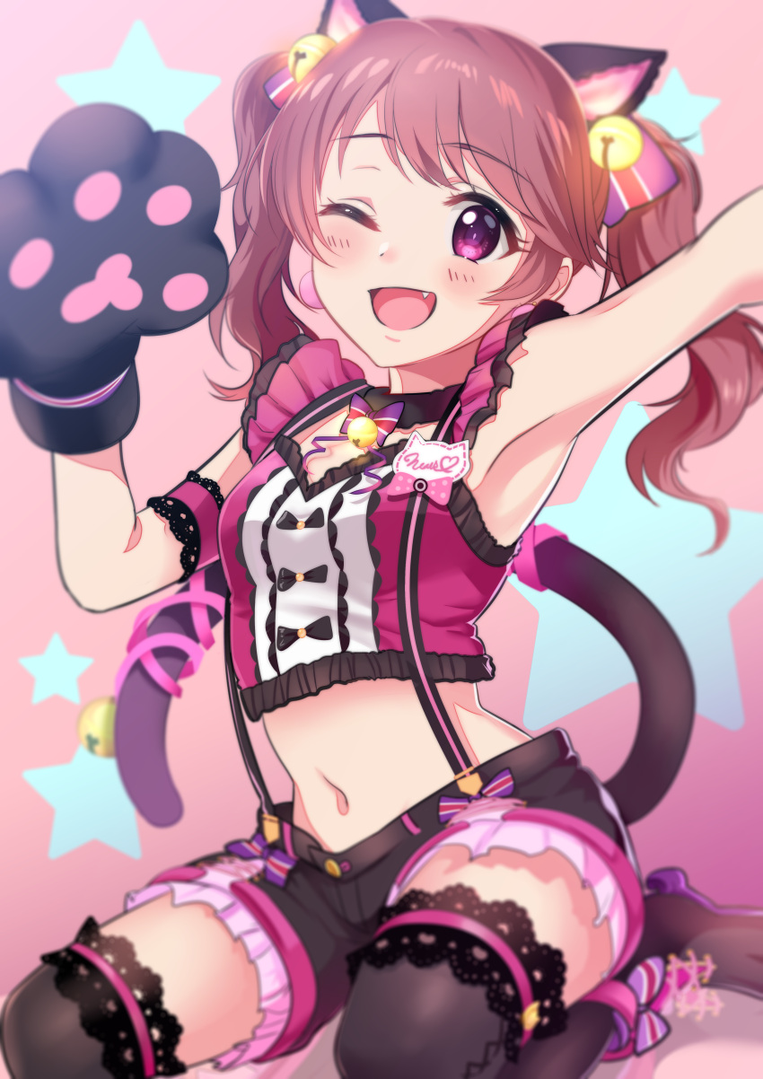 1girl absurdres animal_ears armpits bell black_legwear blush brown_hair cat_ears cat_paws cat_tail eyebrows_visible_through_hair fang gou_d highres idolmaster idolmaster_cinderella_girls idolmaster_cinderella_girls_starlight_stage long_hair looking_at_viewer navel one_eye_closed open_mouth paws pink_eyes shiina_noriko sitting smile solo tail thigh-highs twintails wariza