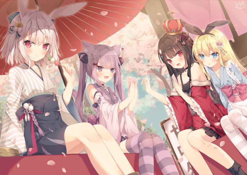 4girls :d :t animal_ear_fluff animal_ears bangs bell black_bow black_hair black_hakama black_legwear black_ribbon blonde_hair blue_eyes blue_kimono blue_sky blush bow card cat_ears cat_girl cat_tail closed_mouth clouds commentary_request crown dango day dutch_angle eating eyebrows_visible_through_hair flower food frilled_sleeves frills grey_hair grey_kimono hair_between_eyes hair_bow hair_flower hair_ornament hair_ribbon hakama hakama_skirt holding holding_card holding_food hoshi_(snacherubi) japanese_clothes jingle_bell kimono long_hair long_sleeves looking_at_viewer mini_crown multiple_girls open_mouth oriental_umbrella original outdoors pantyhose petals pink_flower playing_card purple_hair rabbit_ears red_eyes red_kimono red_umbrella ribbon sanshoku_dango sitting sky smile socks striped striped_bow striped_legwear tail thigh-highs tilted_headwear tree twintails umbrella vertical_stripes very_long_hair violet_eyes wagashi wide_sleeves