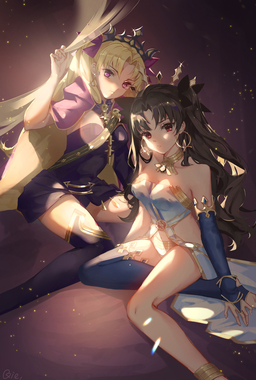 2girls anklet armlet asymmetrical_legwear asymmetrical_sleeves bangs bare_shoulders between_breasts black_dress black_hair black_legwear blonde_hair breasts bridal_gauntlets cape closed_mouth detached_collar detached_sleeves dress earrings ereshkigal_(fate/grand_order) fate/grand_order fate_(series) highres hoop_earrings ishtar_(fate/grand_order) jewelry long_hair looking_at_viewer multiple_girls navel neck_ring parted_bangs qie_(25832912) red_cape red_eyes revision short_dress single_detached_sleeve single_thighhigh sitting skull spine thigh-highs tiara two_side_up