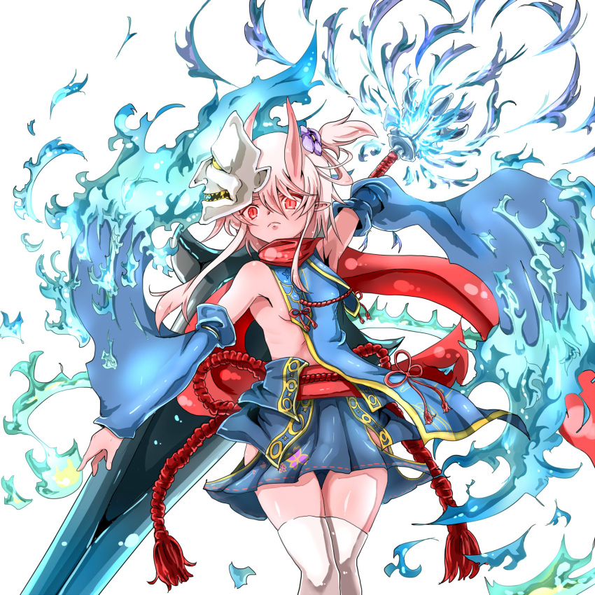 1girl blue_skirt breasts cape chaba_(cyazuke) detached_sleeves error flower frown hair_between_eyes hair_flower hair_ornament highres long_hair looking_at_viewer mask mask_on_head oni_horns onibahime_(sennen_sensou_aigis) pink_skin pointy_ears red_cape red_eyes rope sennen_sensou_aigis sidelocks skirt small_breasts solo standing thigh-highs white_background white_legwear wide_sleeves