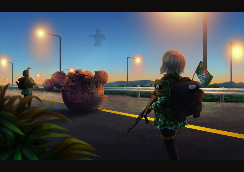 2girls ak-47 assault_rifle backpack bag black_hair blonde_hair camouflage commentary flag gun highres holding holding_gun holding_weapon kentoueda lamppost letterboxed military multiple_girls original ponytail rifle road scenery short_hair silhouette street weapon