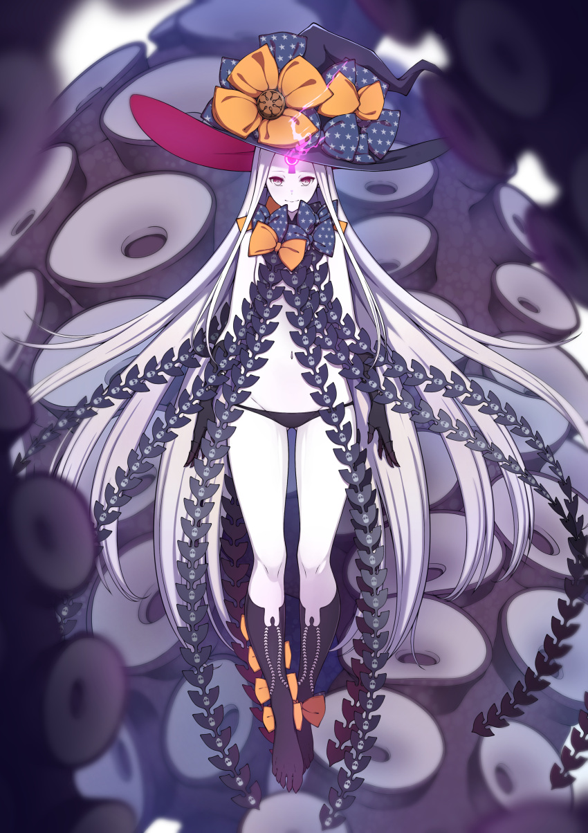 1girl abigail_williams_(fate/grand_order) absurdres ao_(aokisora_ao) bangs black_bow black_headwear black_panties bow breasts expressionless fate/grand_order fate_(series) full_body grey_skin hat highres keyhole long_hair lowleg lowleg_panties multiple_bows navel orange_bow panties red_eyes revision small_breasts suction_cups tentacles third_eye underwear very_long_hair white_hair white_skin witch_hat