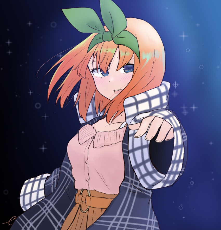 1girl bangs belt blue_coat blue_eyes blush breasts brown_belt brown_skirt coat collarbone commentary_request eyebrows_behind_hair floating_hair go-toubun_no_hanayome green_ribbon hair_between_eyes hair_ribbon high_collar highres kujou_karasuma long_sleeves looking_at_viewer medium_breasts nakano_yotsuba open_clothes open_coat open_mouth orange_hair pink_shirt ribbon round_teeth shirt skirt sleeves_past_wrists solo sparkle teeth upper_teeth