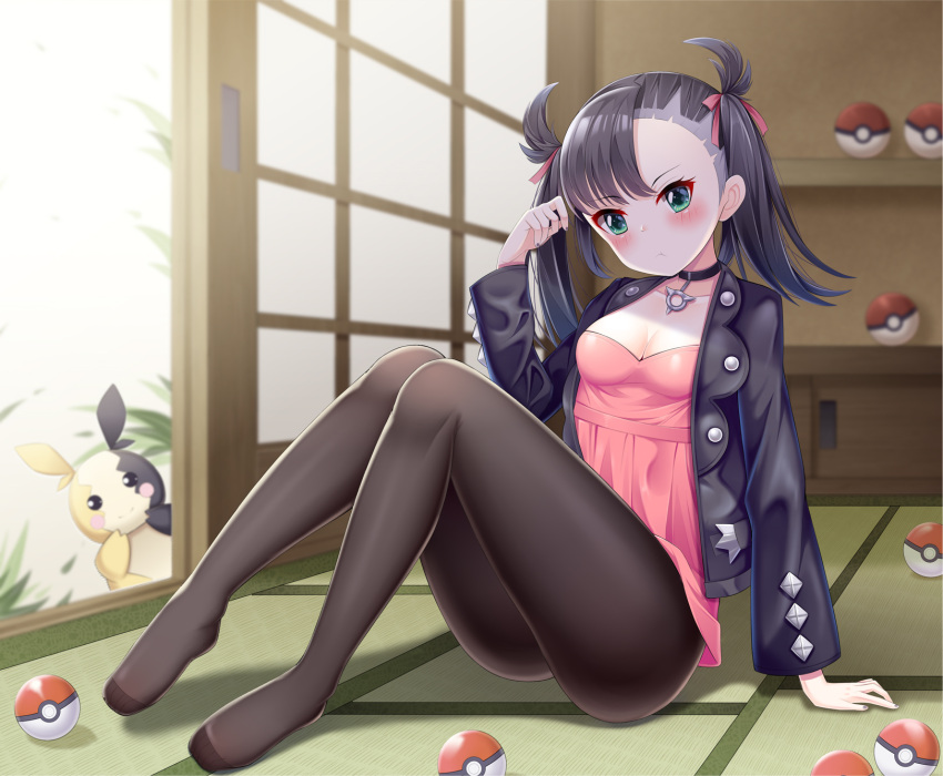 1girl :t black_choker black_hair black_jacket black_legwear black_nails blurry blurry_background blush breasts choker closed_mouth collarbone commentary_request depth_of_field dress feet fengli_(709622571) full_body gen_8_pokemon hair_ribbon hand_up highres indoors jacket legs long_sleeves looking_away mary_(pokemon) morpeko nail_polish no_shoes open_clothes open_jacket pantyhose pink_dress poke_ball poke_ball_(generic) pokemon pokemon_(creature) pokemon_(game) pokemon_swsh pout red_ribbon ribbon sitting small_breasts solo_focus twintails
