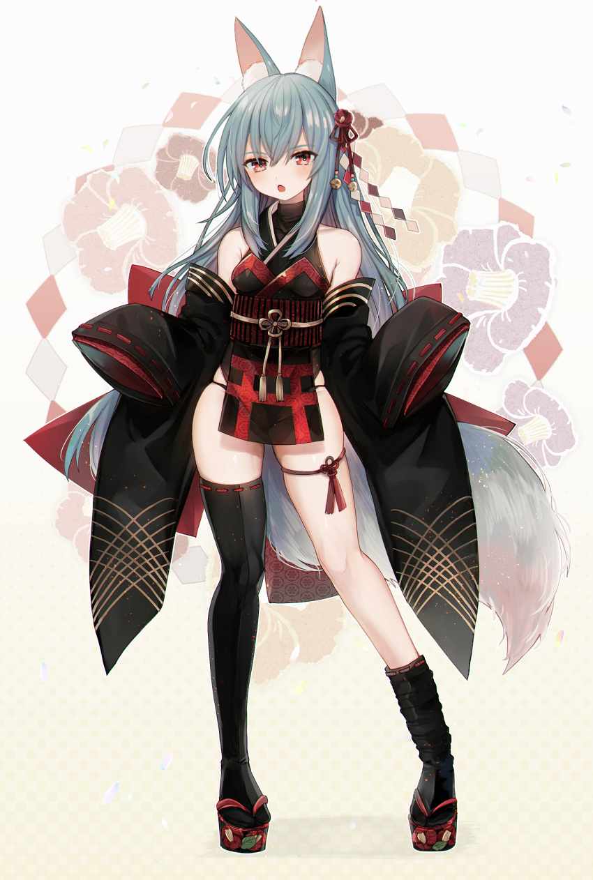 1girl :o abandon_ranka animal_ears asymmetrical_legwear bangs bare_shoulders black_footwear black_kimono black_legwear black_panties black_sleeves blue_hair breasts commentary_request detached_sleeves eyebrows_visible_through_hair fang floral_background fox_ears hair_between_eyes highres japanese_clothes kimono long_hair long_sleeves looking_at_viewer obi open_mouth original panties pelvic_curtain red_eyes ribbon-trimmed_legwear ribbon-trimmed_sleeves ribbon_trim sash single_thighhigh skindentation sleeveless sleeveless_kimono sleeves_past_fingers sleeves_past_wrists small_breasts solo thigh-highs underwear very_long_hair wide_sleeves