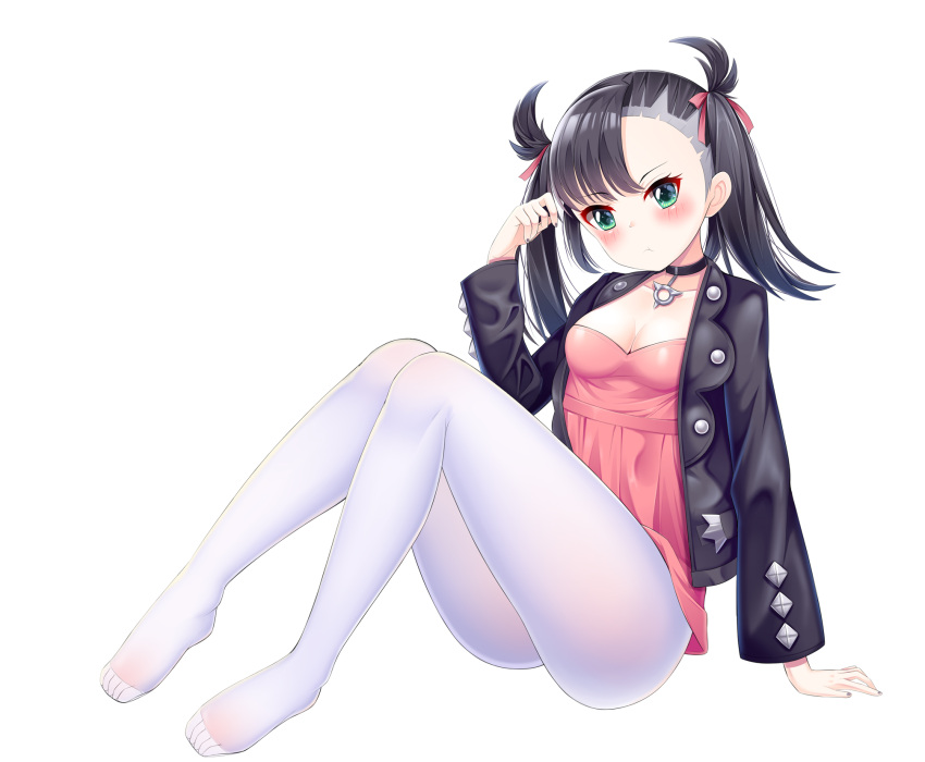 1girl :t black_choker black_hair black_jacket black_nails blush breasts choker closed_mouth collarbone dress feet fengli_(709622571) full_body hair_ribbon hand_up highres jacket legs long_sleeves looking_away mary_(pokemon) nail_polish no_shoes open_clothes open_jacket pantyhose pink_dress pokemon pokemon_(game) pokemon_swsh pout red_ribbon ribbon simple_background sitting small_breasts solo twintails white_background white_legwear