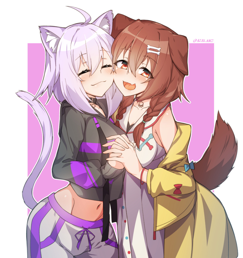2girls :d ahoge animal_ear_fluff animal_ears black_hoodie blush bone_hair_ornament braid breasts brown_eyes brown_hair cartoon_bone cat_ears cat_girl cat_tail closed_eyes closed_mouth collarbone commentary dog_ears dog_girl dog_tail dress fang groin hair_over_shoulder highres holding_hands hololive hood hood_down hoodie interlocked_fingers inugami_korone jacket long_hair long_sleeves medium_breasts midriff multiple_girls navel nekomata_okayu off_shoulder open_clothes open_jacket open_mouth outline pink_background pink_hair shorts sleeveless sleeveless_dress sleeves_past_wrists smile tail tilt-shift twin_braids twitter_username two-tone_background virtual_youtuber white_background white_dress white_outline white_shorts yellow_jacket