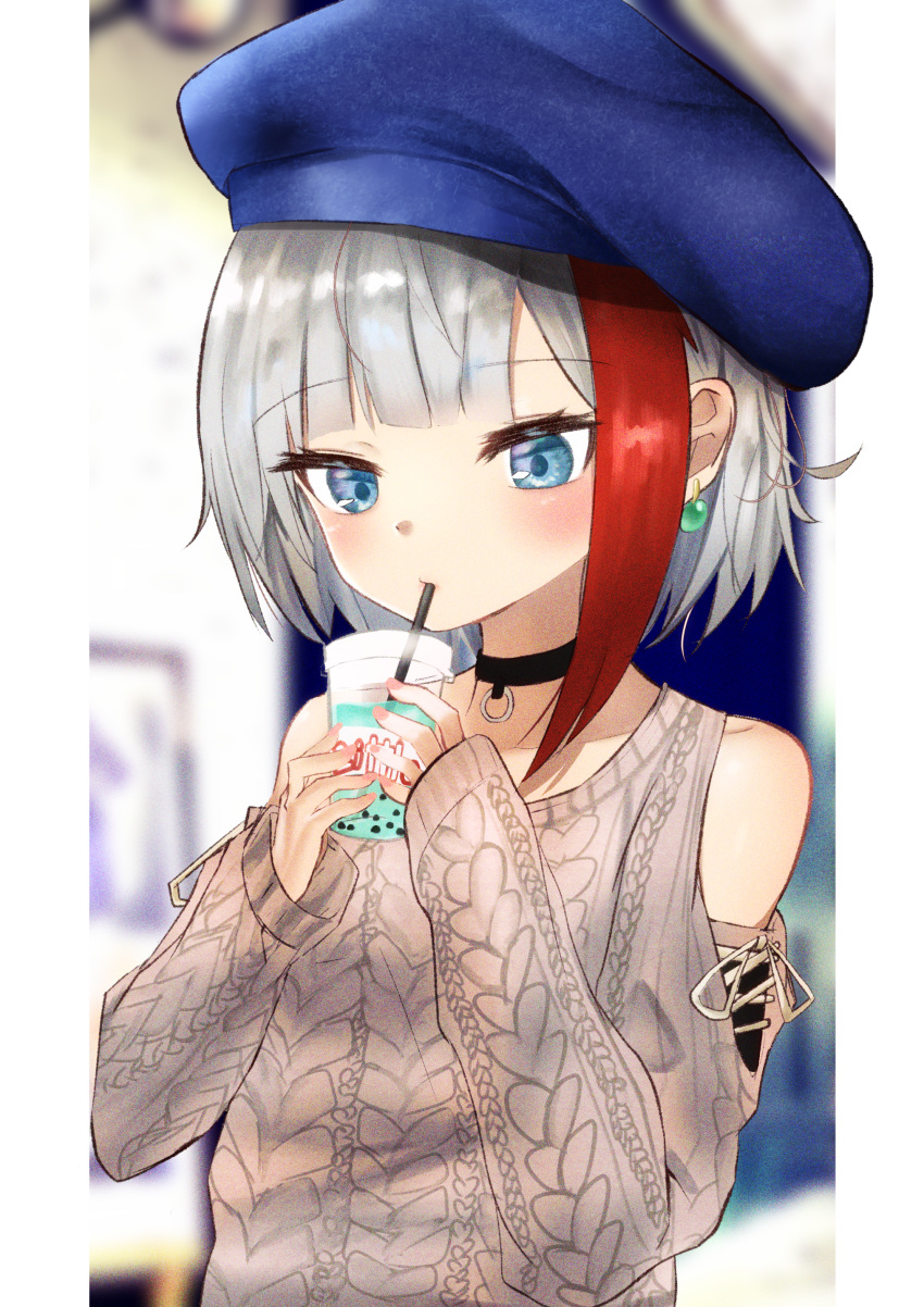 1girl absurdres admiral_graf_spee_(azur_lane) admiral_graf_spee_(maiden's_sunday)_(azur_lane) aran_sweater azur_lane bangs bare_shoulders beret black_choker blue_eyes blue_headwear bubble_tea choker collarbone commentary cup disposable_cup drinking drinking_straw drinking_straw_in_mouth earrings eyebrows_visible_through_hair hat highres huge_filesize jewelry little_love_mitsuha long_sleeves multicolored_hair short_hair sidelocks silver_hair sleeves_past_wrists solo streaked_hair sweater upper_body