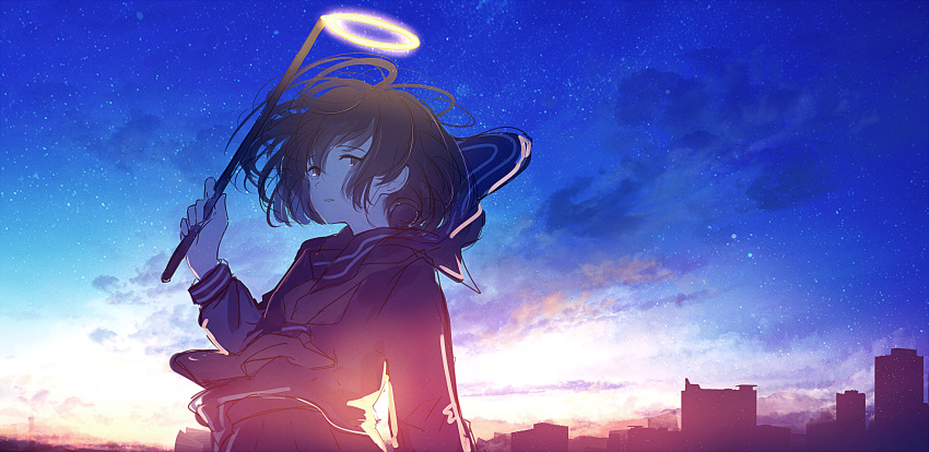 1girl backlighting blue_sky bob_cut cityscape fake_halo highres holding long_sleeves looking_at_viewer mifuru neckerchief original outdoors parted_lips scenery school_uniform serafuku short_hair sky solo star_(sky) starry_sky twilight upper_body wind