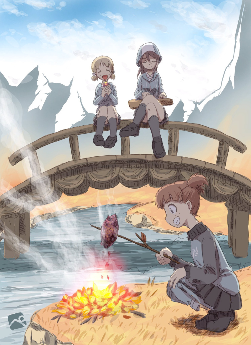 3girls :d aki_(girls_und_panzer) ankle_boots artist_logo bangs blue_footwear blue_headwear blue_jacket blue_pants blue_shirt blue_skirt blue_sky boots bridge brown_hair closed_eyes clouds cloudy_sky commentary cooking crossed_legs cup day dress_shirt eyebrows_visible_through_hair facing_viewer fire fish girls_und_panzer grey_legwear grey_skirt grin hair_tie hand_on_own_knee hat highres holding holding_cup holding_instrument holding_stick instrument jacket kainushi kantele keizoku_school_uniform light_brown_hair loafers long_hair long_sleeves mika_(girls_und_panzer) mikko_(girls_und_panzer) military military_uniform miniskirt multiple_girls music open_mouth outdoors pants pants_rolled_up pants_under_skirt playing_instrument pleated_skirt raglan_sleeves red_eyes redhead school_uniform shadow shirt shoes short_hair short_twintails sitting skirt sky smile smoke socks squatting stream striped striped_shirt track_jacket track_pants twintails uniform vertical-striped_shirt vertical_stripes white_shirt wooden_bridge
