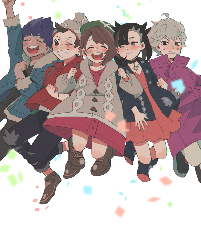 2girls 3boys annoyed beanie beet_(pokemon) black_hair black_jacket blue_jacket brown_hair choker closed_eyes dark_skin dark_skinned_male dress grey_cardigan hat highres hop_(pokemon) jacket jumping locked_arms mary_(pokemon) masaru_(pokemon) multiple_boys multiple_girls open_mouth pink_dress pokemon pokemon_(game) pokemon_swsh purple_hair purple_jacket red_shirt shirt silver_hair smile tam_o'_shanter twintails wim_wim yuuri_(pokemon)