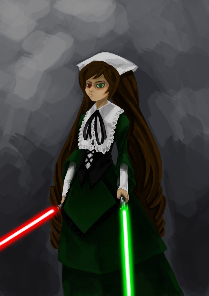 1girl artist_request black_bow bow brown_hair dress energy_sword green_dress green_eyes heterochromia highres lightsaber lolita_fashion looking_at_viewer pointing_sword red_eyes rozen_maiden source_request star_wars suiseiseki sword weapon