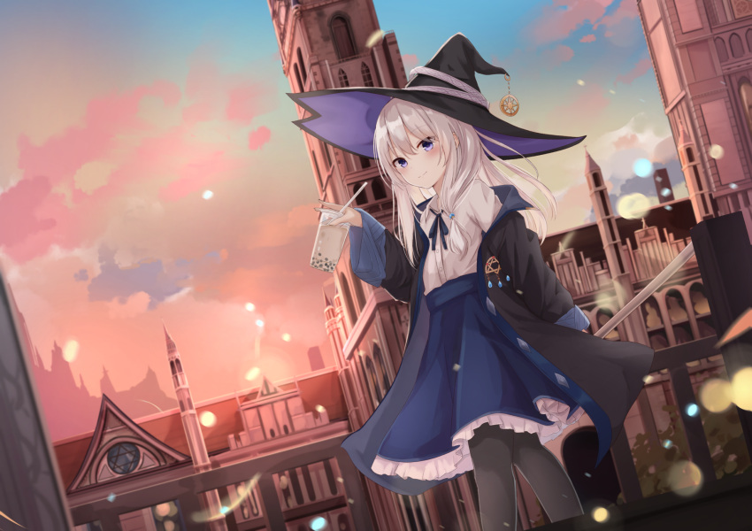 1girl black_legwear blue_eyes blush building coat cup day drinking_straw dutch_angle elaina_(majo_no_tabitabi) eyebrows_visible_through_hair hair_between_eyes hat highres holding long_hair looking_at_viewer majo_no_tabitabi open_clothes open_coat outdoors pantyhose shirt silver_hair skirt smile solo touhourh white_shirt witch_hat