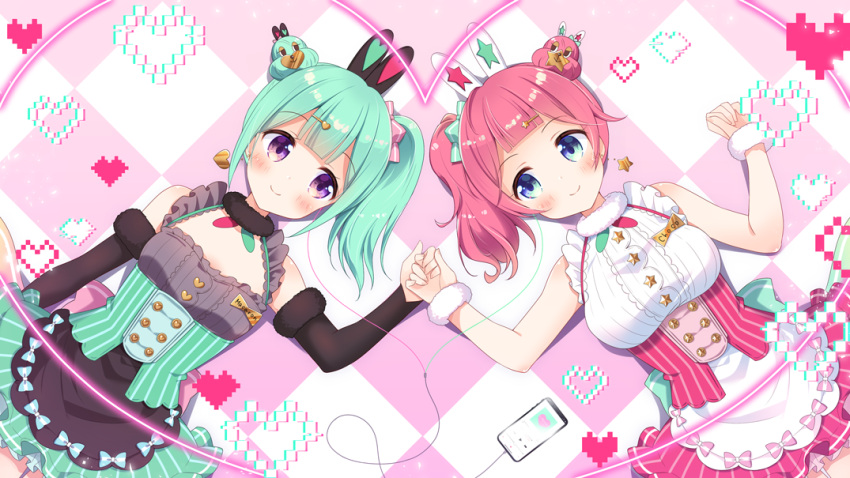 2girls aoi_yun apron bangs bare_shoulders black_apron black_sleeves blue_eyes blush breasts cellphone character_request checkered checkered_background closed_mouth collarbone commentary_request detached_sleeves earphones fur-trimmed_sleeves fur_trim green_hair green_skirt hair_bun hair_ornament hairclip happy_synthesizer_(vocaloid) heart heart_hair_ornament holding_hands large_breasts long_sleeves lying multiple_girls official_art on_back phone pink_hair pink_skirt shared_earphones shirt side_ponytail skirt sleeveless sleeveless_shirt small_breasts smartphone smile star star_hair_ornament striped vertical-striped_skirt vertical_stripes violet_eyes virtual_youtuber waist_apron white_apron white_shirt