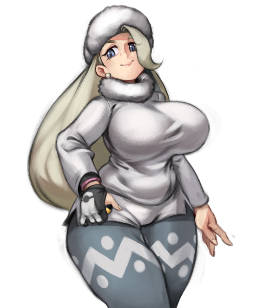 1girl belly blue_eyes blue_pants breasts curvy earrings fur_collar fur_hat gloves gym_leader hair_over_one_eye hat highres huge_breasts impossible_clothes jewelry kelvin_hiu mature melon_(pokemon) pants platinum_blonde_hair poke_ball pokemon pokemon_(game) pokemon_swsh single_glove smile solo thick_thighs thighs two-tone_gloves ultra_ball ushanka wide_hips