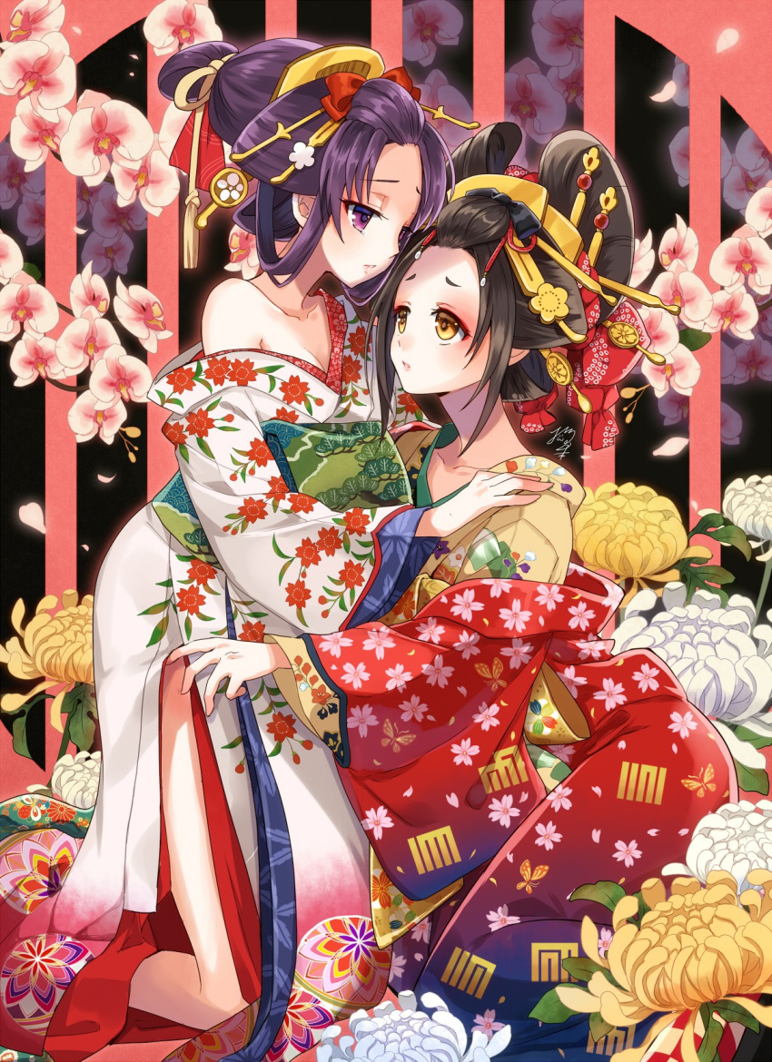 2girls bangs_pinned_back black_hair commentary_request floral_print flower hair_ornament hair_stick hand_on_another's_shoulder headpiece highres japanese_clothes kimono kneeling multiple_girls nekozuki_yuki obi off-shoulder_kimono off_shoulder oiran original parted_lips petals pink_flower purple_hair red_kimono sash tassel violet_eyes white_flower white_kimono yellow_eyes yellow_flower yuri