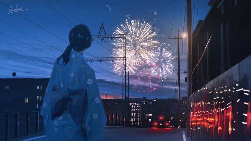 1girl absurdres aerial_fireworks banishment black_hair blue_kimono blue_sash building car clouds cloudy_sky commentary_request cowboy_shot facing_away fireworks floral_print from_behind ground_vehicle highres house huge_filesize japanese_clothes kimono lamppost light motor_vehicle obi original ponytail power_lines radio_antenna radio_tower railing reflection road sash scenery signature sky skyline solo street summer tail_lights telephone_pole twilight yukata