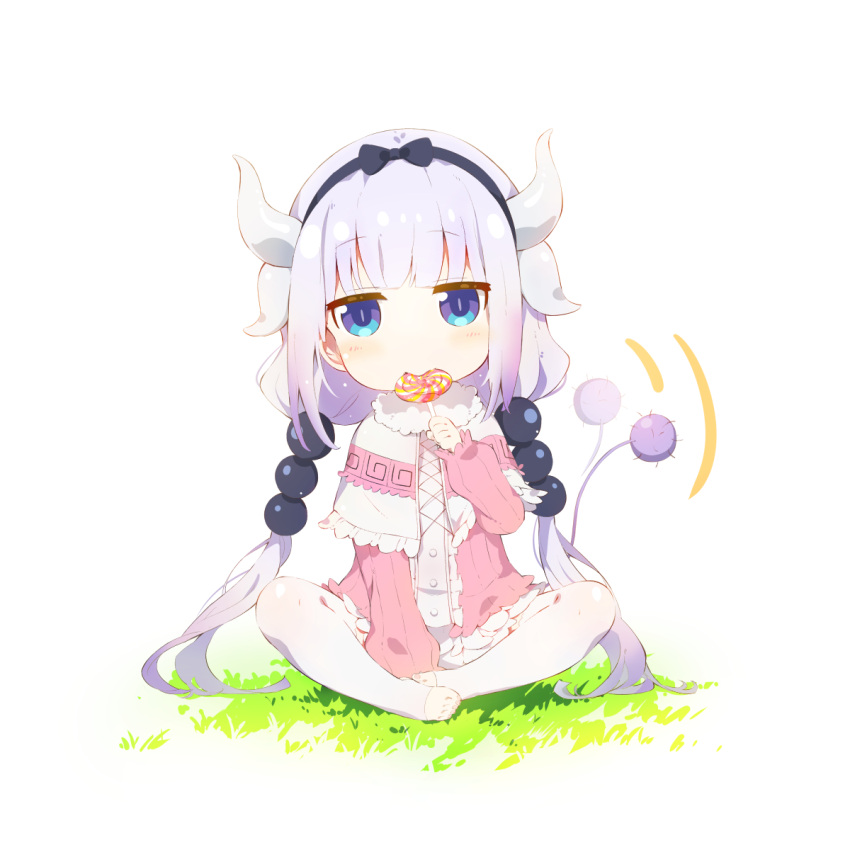 1girl beads between_legs blue_eyes candy capelet deany dragon_horns dress eating food hair_beads hair_ornament hairband hand_between_legs highres horns kanna_kamui knees_apart_feet_together kobayashi-san_chi_no_maidragon lollipop long_hair low_twintails motion_blur pink_dress pink_hair ribbon short_dress sitting solo tail tail_wagging thigh-highs twintails white_capelet white_legwear