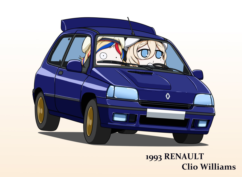 2girls beret blonde_hair blue_eyes car commandant_teste_(kantai_collection) commentary_request driving ground_vehicle hair_between_eyes hat highres kantai_collection long_hair mole mole_under_eye motor_vehicle multicolored_hair multiple_girls renault renault_clio richelieu_(kantai_collection) simple_background streaked_hair white_background white_headwear yakuto007