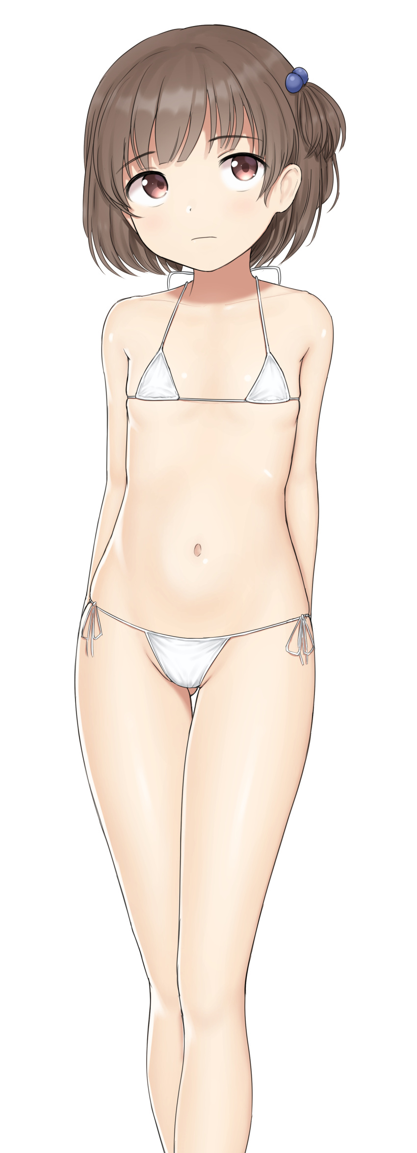1girl absurdres arm_behind_back ass_visible_through_thighs bikini brown_eyes brown_hair collarbone cowboy_shot flat_chest hair_bobbles hair_ornament highres looking_at_viewer navel nyarukac one_side_up original short_hair side-tie_bikini simple_background solo standing swimsuit thigh_gap white_background white_bikini