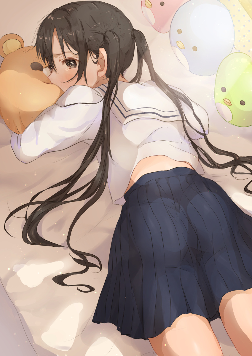 1girl absurdres bangs bear bird black_hair blue_skirt blush brown_eyes brown_hair crying eyebrows_visible_through_hair feet_out_of_frame from_above from_behind highres long_hair looking_to_the_side lying object_hug on_bed on_stomach original peach_punch penguin pleated_skirt sailor_collar school_uniform serafuku shirt skirt solo stuffed_animal stuffed_toy sunlight twintails white_sailor_collar white_shirt