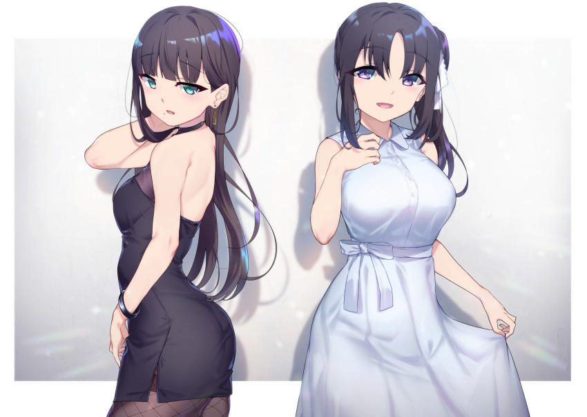 2girls bangs black_choker black_dress black_hair blue_dress bracelet choker collared_dress dress drop_shadow earrings fishnet_legwear fishnets green_eyes grey_background hair_ribbon hand_in_hair hand_on_own_chest highres jewelry kazuno_sarah kurosawa_dia long_hair looking_at_viewer looking_back love_live! love_live!_sunshine!! mole mole_under_eye multiple_girls pantyhose ribbon side_ponytail side_slit sidelocks skirt_hold sleeveless sleeveless_dress tight_dress violet_eyes white_ribbon yamaori_(yamaorimon)