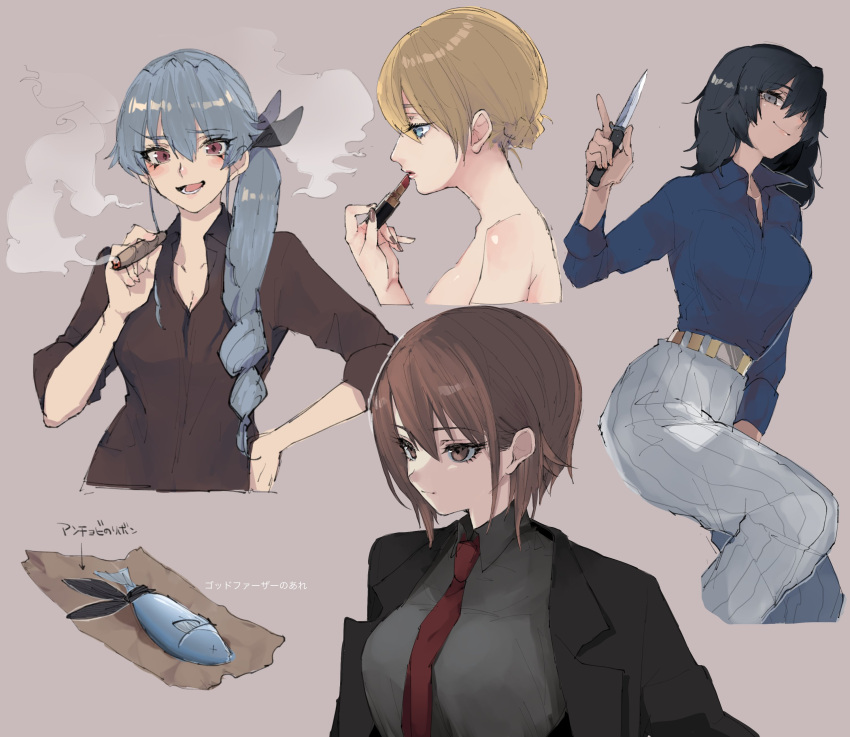 4girls absurdres alternate_hairstyle anchovy andou_(girls_und_panzer) applying_makeup bangs black_hair black_jacket black_ribbon blazer blonde_hair blue_eyes blue_shirt braid brown_background brown_eyes brown_hair casual cigar collared_shirt cropped_legs cropped_torso darjeeling dark_skin dress_shirt drill_hair eyebrows_visible_through_hair fish formal from_side girls_und_panzer green_hair grey_pants grey_shirt hair_over_shoulder hair_ribbon half-closed_eyes hand_on_hip highres holding holding_cigar holding_knife holding_lipstick_tube jacket knife light_smile lipstick long_hair long_sleeves looking_at_viewer makeup medium_hair messy_hair multiple_girls nishizumi_maho open_mouth pants ponytail re_(scd6) red_eyes reverse_trap ribbon shirt short_hair single_drill sleeves_rolled_up smile smirk smoke striped tied_hair translated vertical-striped_pants vertical_stripes wing_collar yellow_belt