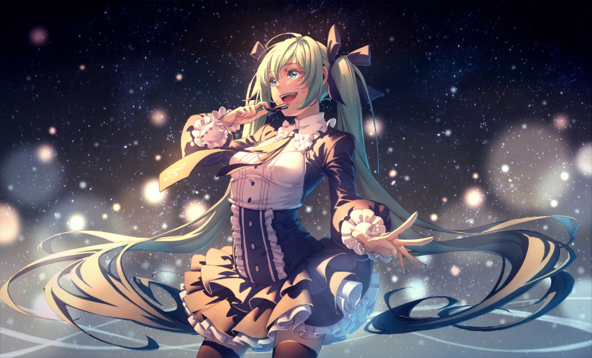 1girl :d bangs black_legwear black_neckwear black_ribbon blurry breasts center_frills cowboy_shot dress fireflies frilled_sleeves frills green_eyes green_hair hair_between_eyes hair_ribbon hatsune_miku headset highres long_hair long_sleeves looking_away maple medium_breasts music necktie open_mouth petticoat puffy_long_sleeves puffy_sleeves ribbon singing smile solo thigh-highs twintails very_long_hair vocaloid zettai_ryouiki